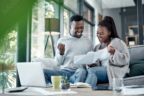 Φωτογραφία Home, black couple and fist pump with paperwork on sofa for finance, savings and loan application success