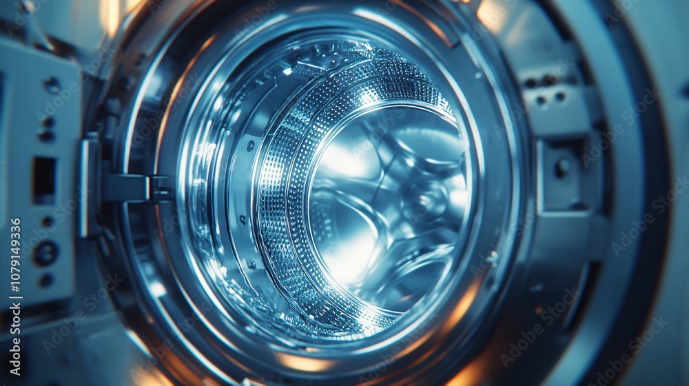 A close-up view of the interior of a washing machine drum, showcasing its shiny surface and intricate design, emphasizing modern appliance technology. A close-up view of the interior of a washing machine drum, showcasing its shiny surface and intricate design, emphasizing modern appliance technology.