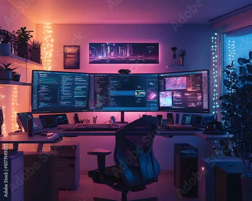 A modern gamer's workspace with triple monitors and neon lights. photo