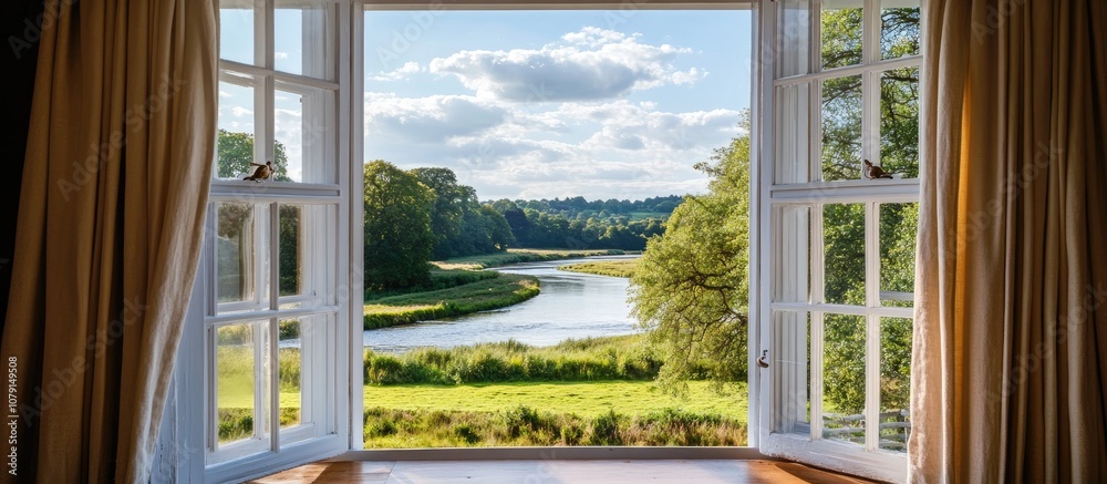 Fototapeta premium Charming window view of a house offering a picturesque outlook over a tranquil river and lush countryside