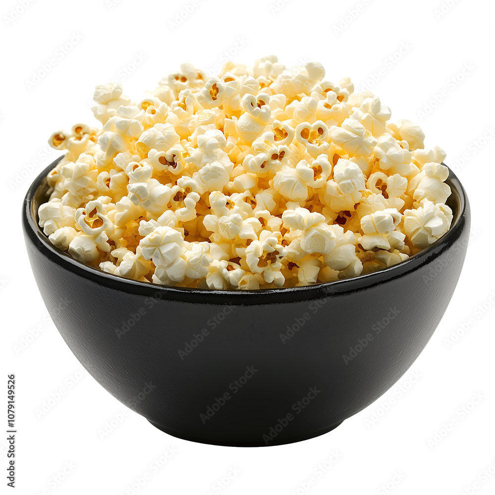 A large bowl of fluffy, freshly popped popcorn ready for movie night. Isolated on transparent white background, png