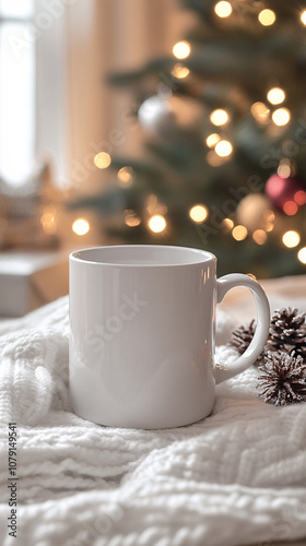 Christmas mockup one white empty tea mugs on a table and branches of a Christmas tree wreath and christmas background. Cup template for your design, logo with copy space. New Year 