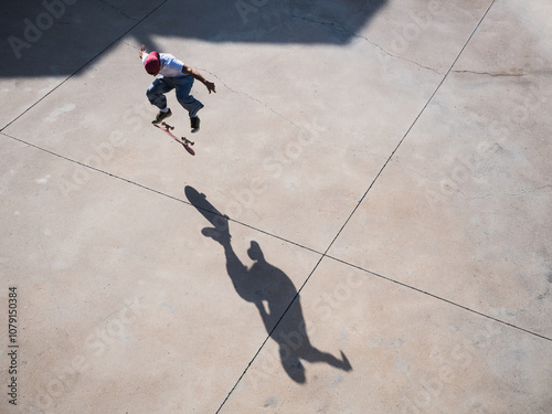 Skateboarder performing a mid-air trick on a sunny day