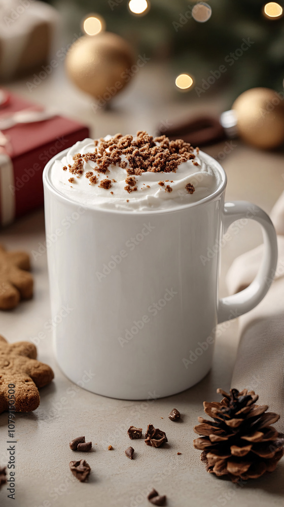 Christmas mockup one white empty tea mugs on a table and branches of a Christmas tree wreath and christmas background. Cup template for your design, logo with copy space. New Year
Christmas mockup one white empty tea mugs on a table and branches of a Christmas tree wreath and christmas background. Cup template for your design, logo with copy space. New Year