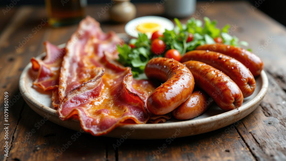 A plate of meat dishes including bacon, sausages, and possibly ham or cured meats. A plate of meat dishes including bacon, sausages, and possibly ham or cured meats.