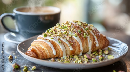 A delicious croissant drizzled with cream and garnished with chopped pistachios sits on a plate next to a steaming cup of coffee, creating a cozy and inviting breakfast setting.