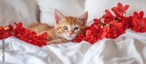 Charming little red ginger kitten nestled among vibrant red flowers on a pristine white bed perfect for pet lovers home decor photo