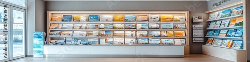 Modern travel agency interior with brochure display racks.