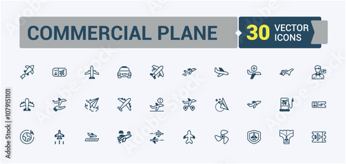 Airplane icons in linear style. Related to commercial, fly, airliner, air, flight, jet and more. Flat UI icon design. Editable stroke.