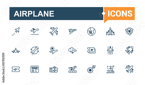Airplane line icons set. Contains related to commercial, set, isolated, white, airport, aircraft, collection. Outline icon collections. Editable stroke.