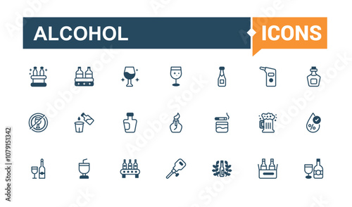 Alcohol thin line icon set. Related to isolated, bar, glass, water, collection, lime, brandy, drink. Modern thin icons. Editable vector stroke.