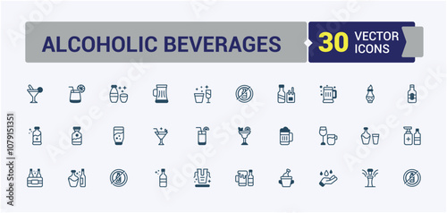 Set of Alcohol line icons. Includes icons for tequila, collection, martini, bottle, celebration, shake, shot and more. Thin linear style icons. Editable vector icon and illustration.