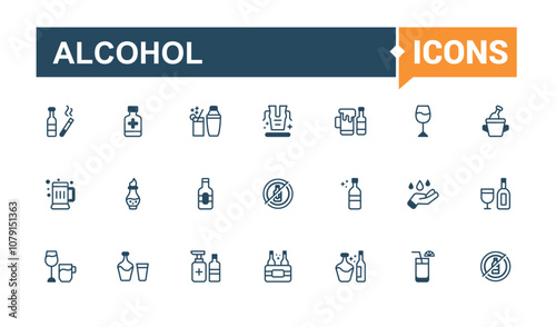 Alcohol thin line icon set. Related to isolated, bar, glass, water, collection, lime, brandy, drink. Modern thin icons. Editable vector stroke.