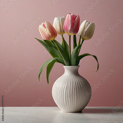 A minimalist scene featuring a single pink tulip with white accents gracefully arching from a sleek, white vase generated with AI.