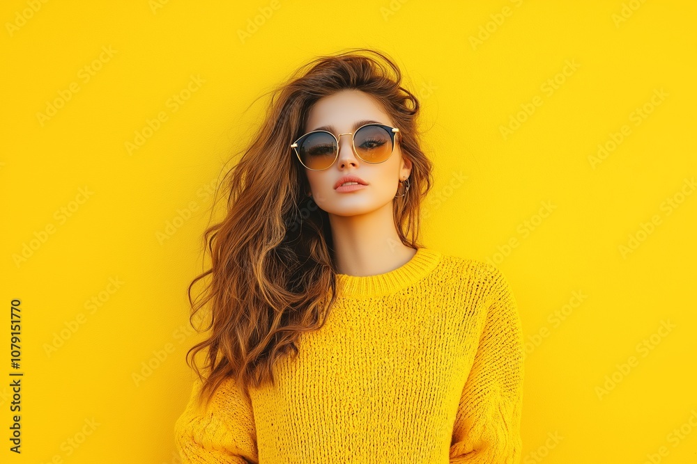 Woman in yellow sweater and sunglasses poses against bold backdrop of yellow. Woman in yellow sweater and sunglasses poses against bold backdrop of yellow.