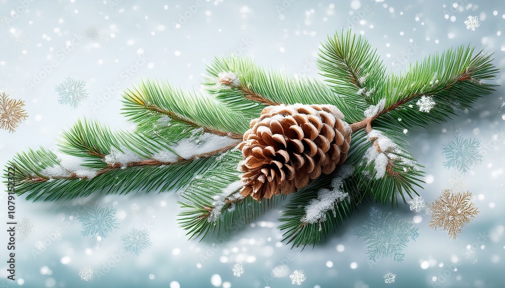 Fir Branch With Pine Cone And Snow Flakes Fir Branch With Pine Cone And Snow Flakes