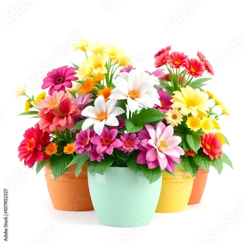 A vibrant 3D render of a multi-flower, pot arrangement, White background, Flower in white background, Multicolor Flower, 3d Flowers in White Background