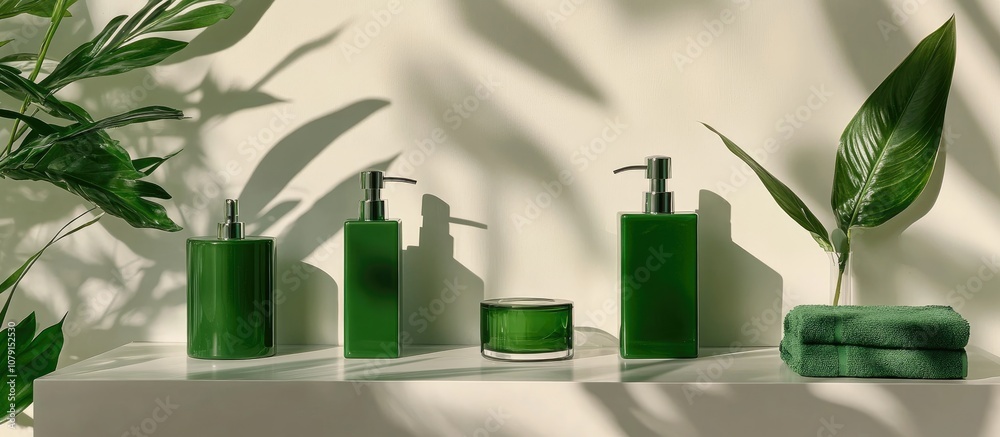 Chic green soap dispensers arranged on a pristine white bathroom countertop inviting modern decor elements minimalist design Chic green soap dispensers arranged on a pristine white bathroom countertop inviting modern decor elements minimalist design