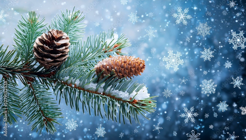 Fir Branch With Pine Cone And Snow Flakes Fir Branch With Pine Cone And Snow Flakes