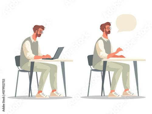 Man at Desk, Working and Communicating - Vector Flat Illustration