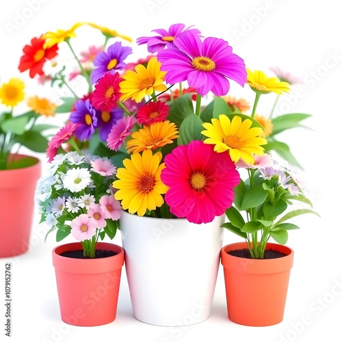 A vibrant 3D render of a multi-flower, pot arrangement, White background, Flower in white background, Multicolor Flower, 3d Flowers in White Background