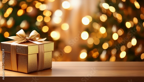 gift box on table with blur Christmas tree and golden festive bokeh light background for special holiday