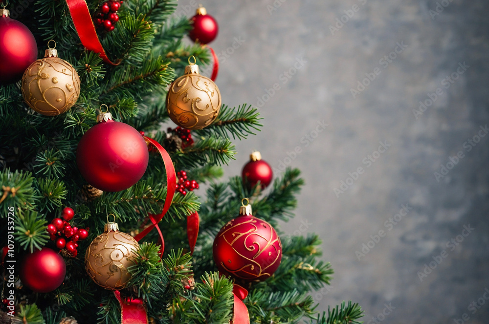 Fototapeta premium Christmas tree with adorable decorations - red and gold balls, stars, confetti at white background