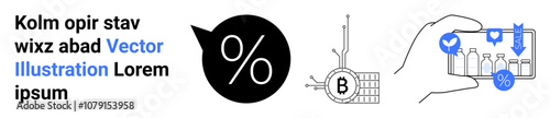 Percentage symbol in black circle, Bitcoin symbol in circuit board, smartphone displaying stock market data with gains and losses. Ideal for finance, cryptocurrency, mobile apps, investments, market