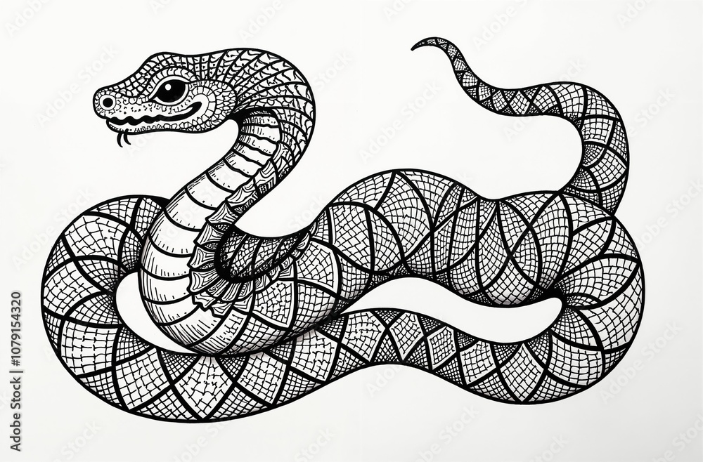 Fototapeta premium Black and white hand drawn snake illustration isolated on white background