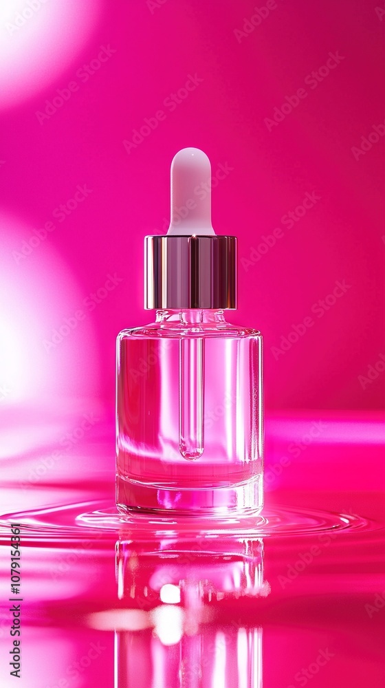 A close-up of a bottle of perfume on a pink surface with a dropper on top A close-up of a bottle of perfume on a pink surface with a dropper on top