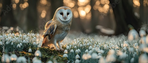 A barn owl stands amongst a field of snowdrops, with a blurry forest background.