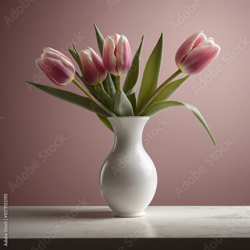 Wallpaper Mural A minimalist scene featuring a single pink tulip with white accents gracefully arching from a sleek, white vase generated with AI. Torontodigital.ca