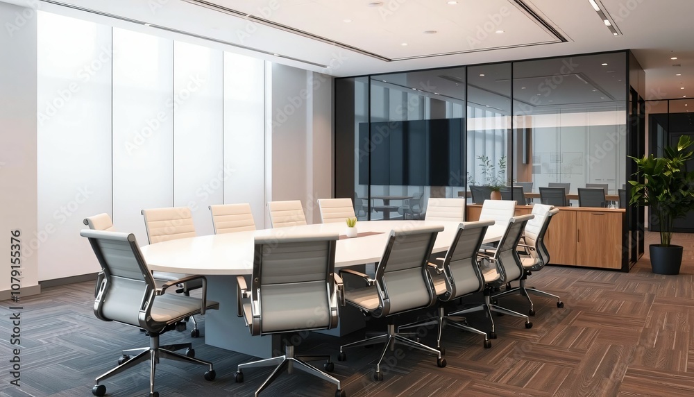 Contemporary meeting room interior with windows and city view, table and chair Generative AI Contemporary meeting room interior with windows and city view, table and chair Generative AI