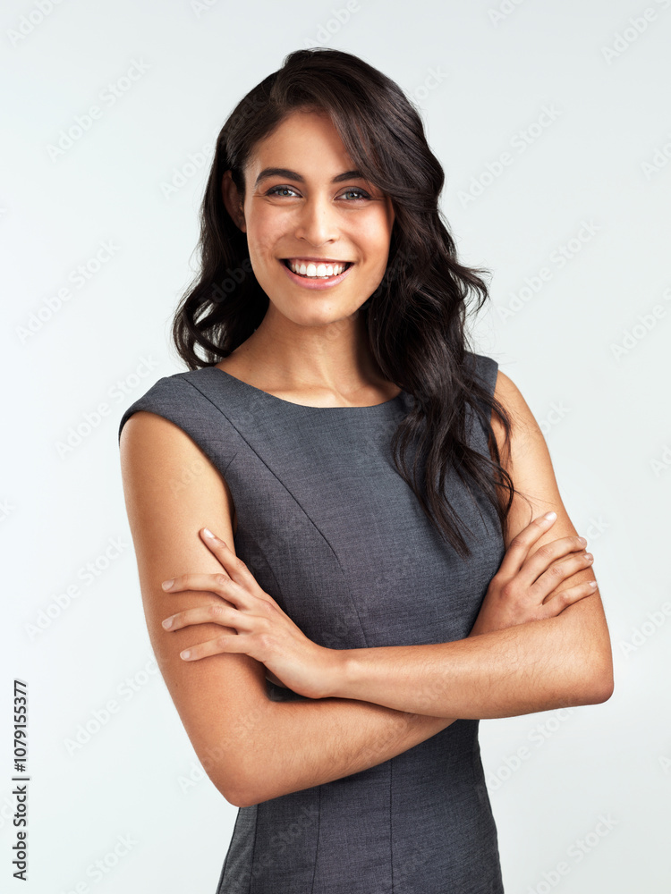 Professional, studio and confident portrait of woman with ambition, business and real estate agent. Consultant, realtor or businesswoman with pride, opportunity and arms crossed on white background Professional, studio and confident portrait of woman with ambition, business and real estate agent. Consultant, realtor or businesswoman with pride, opportunity and arms crossed on white background