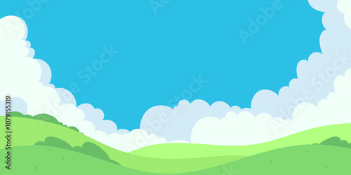 Vibrant green hills under a bright blue sky with fluffy white clouds during a sunny day in a peaceful landscape