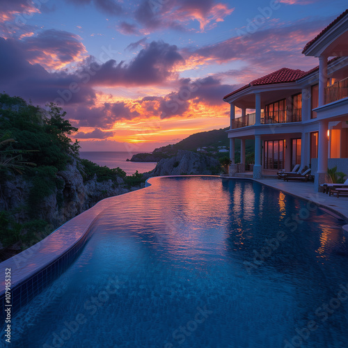  swimming pool in a hotel on the ocean shore, around the hotel there is an ocean and rocks