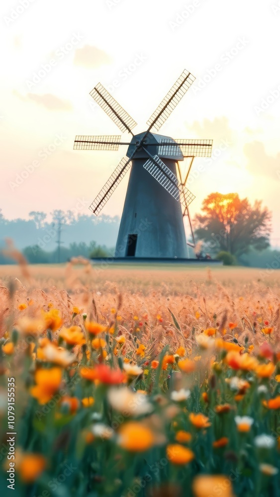 An illustration of a windmill surround by flowers at sunset. An illustration of a windmill surround by flowers at sunset.