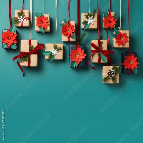 Christmas gift boxes tied velvet ribbons and paper decorations on turquoise background . Christmas background .
