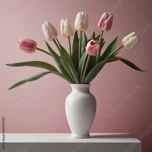 Wallpaper Mural A minimalist scene featuring a single pink tulip with white accents gracefully arching from a sleek, white vase generated with AI. Torontodigital.ca