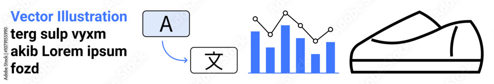 Graph with data points, shoe outline, text in different languages, and translation bubble. Ideal for data analysis, global market, user interface, translation services, product design, infographic Graph with data points, shoe outline, text in different languages, and translation bubble. Ideal for data analysis, global market, user interface, translation services, product design, infographic