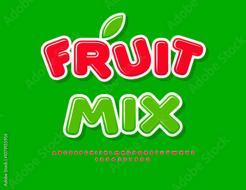 Vector eco template Fruit Mix. Glossy Red Font. Modern Digital Alphabet Letters and Numbers set