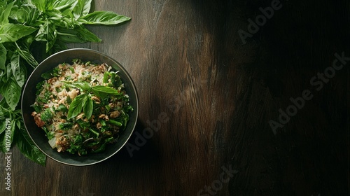 Vibrant Spread of Traditional Thai Feast with Larb, Pad See Ew, and Fried Rice on Wooden Table Decorated with Fresh Herbs - Ultra-Detailed Cuisine Photography photo