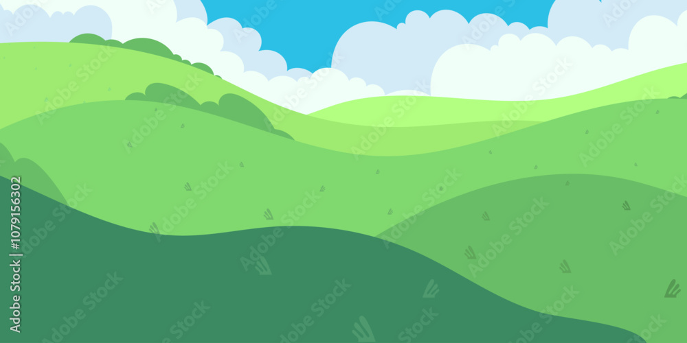 Fototapeta premium Cartoon Landscape of Rolling Green Hills Under a Fluffy Cloud Sky