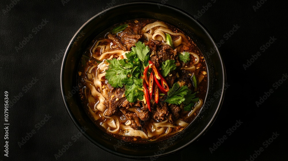 Exquisite Aerial View of Steaming Thai Boat Noodles with Beef Slices and Fresh Herbs in Rustic Setting | Ultra-Detailed Thai Noodle Bowl Photography Exquisite Aerial View of Steaming Thai Boat Noodles with Beef Slices and Fresh Herbs in Rustic Setting | Ultra-Detailed Thai Noodle Bowl Photography