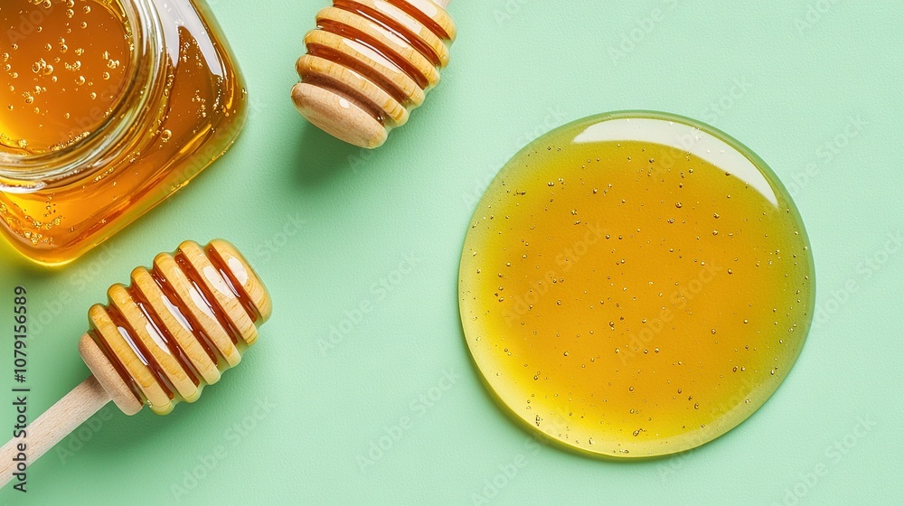   A jar of honey sits adjacent to a wooden honey dipper on a verdant tabletop