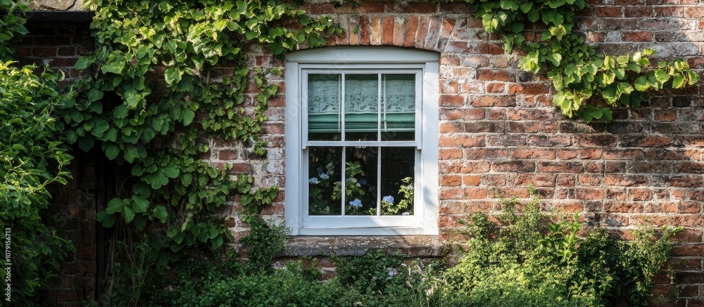 Charming white window adorned with green shades on a rustic brick house evoking nostalgia in an old town setting Charming white window adorned with green shades on a rustic brick house evoking nostalgia in an old town setting