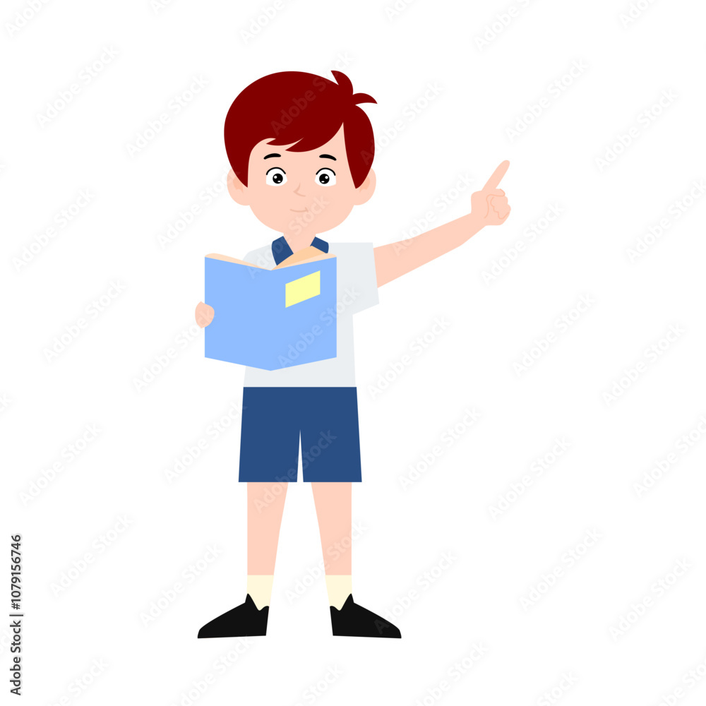 boy different pose activity school isolated on white background, uniform school white blue