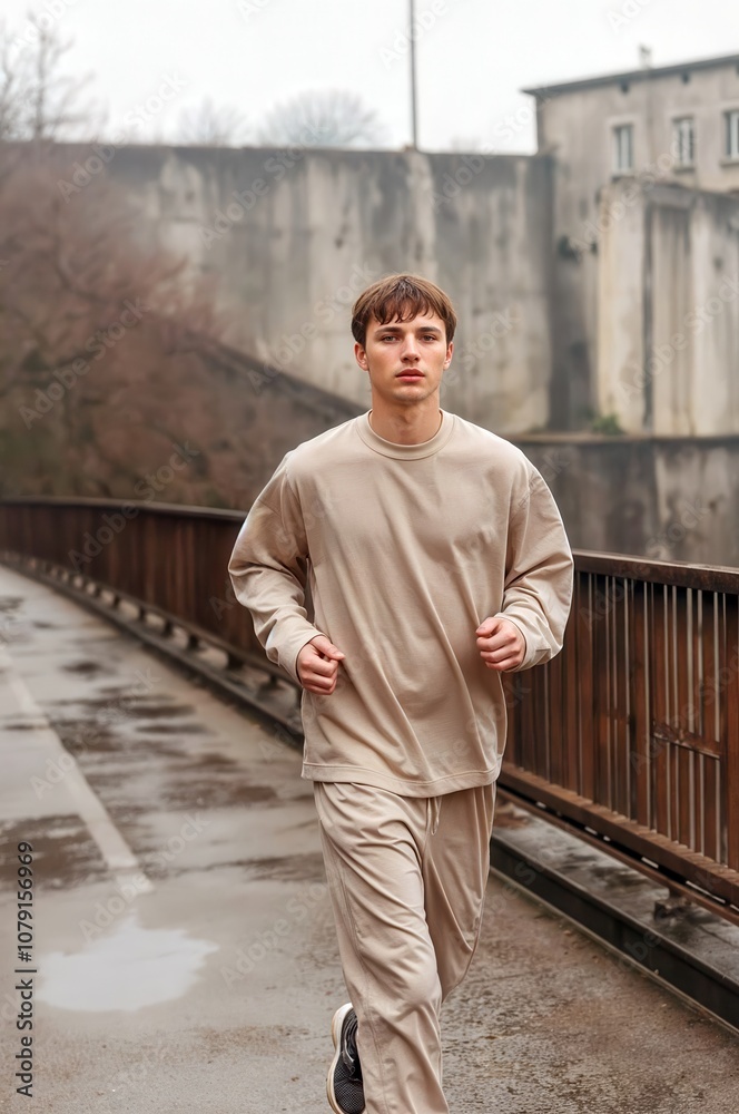 Young Man Running on an Urban Bridge in Beige Outfit Young Man Running on an Urban Bridge in Beige Outfit