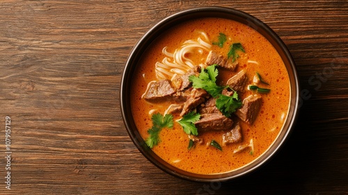 Authentic Thai Beef Noodle Soup on Wooden Surface with Wide Rice Noodles and Fresh Herbs in Rustic Bowl - Ultra-Detailed Food Photography photo