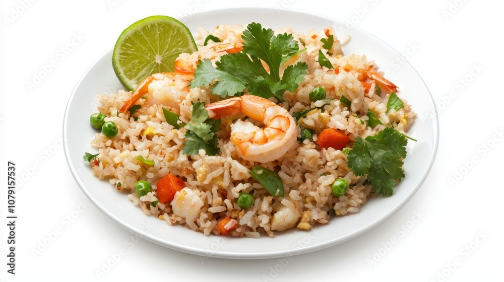Exquisite Thai Fried Rice with Shrimp and Vegetables - Vibrant Colors and Textures from Above Exquisite Thai Fried Rice with Shrimp and Vegetables - Vibrant Colors and Textures from Above